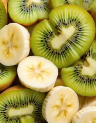 Freshly sliced kiwis, bananas arranged artfully. Vibrant green kiwi slices with tiny black seeds contrast with creamy white banana rounds. Perfect for healthy eating inspiration, fruit salads,