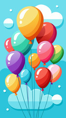 A colorful bunch of balloons floating in a bright blue sky