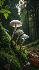 Close-Up of White Mushrooms Covered in Dew in a Rainy Forest Scene