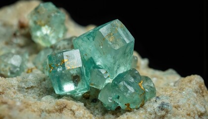 Macro view of aqua green crystal mineral cluster with gold inclusions on dark background. Natural semi-transparent gemstone exhibits hexagonal faceted surfaces. Raw teal blue rock specimen shows