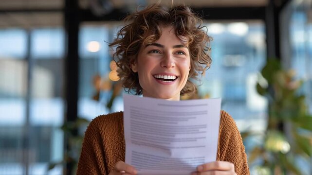 Joyful Revelation: A woman, radiating pure happiness, gazes at a document, her face illuminated by a genuine smile, capturing the essence of excitement and discovery.