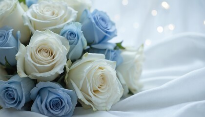 Elegant bouquet of white and blue roses arranged on soft fabric, ideal for Valentine Day, weddings, or as a beautiful wallpaper. Delicate blossoms showcase natural beauty and pastel colors.