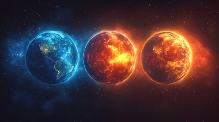 Conceptual photo displaying the earth in different stages of transformation with a cosmic background