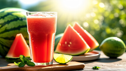 A glass of watermelon juice taken outdoors in a watermelon field during summer