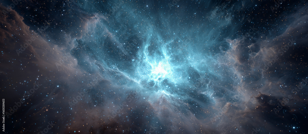 Poster a colorful frame with a star in the center and other stars surrounding it.a nebula in space, centere