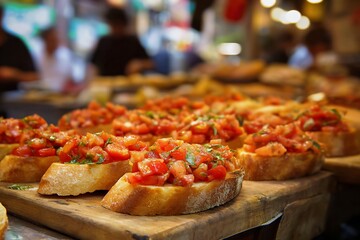 Bruschetta slices with tomato topping on a wooden board.