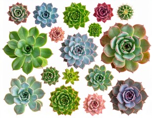 Many colorful succulent plants with unique rosette forms and diverse hues appear against a bright white background.