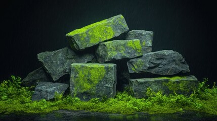 Moss Covered Rocks in a Dark Setting