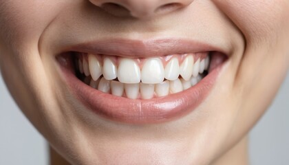 Fototapeta premium Close-up macro shot of woman perfect white smile, healthy teeth, dental implants veneers. Features clean lips with subtle makeup, natural skin tone, promoting oral hygiene, cosmetic dentistry.