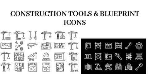 Set of construction tools and blueprint icons showing various equipment and plans isolated on a white background suitable for building industry.