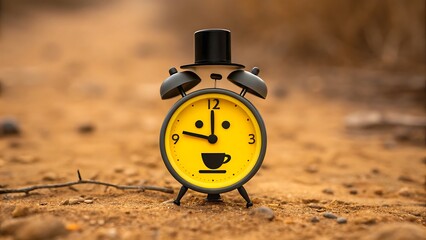 Creative yellow alarm clock with coffee cup icon and hat on desert road background

