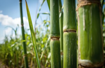 Fototapeta premium Green sugarcane stalks grow in field under blue sky. Image focuses on texture and segments of plant thick, rough, moist stems. Sugarcane is key ingredient for sugar, juice, and alcoholic beverages.