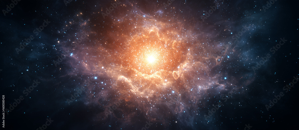 Poster a colorful frame with a star in the center and other stars surrounding it.a nebula in space, centere