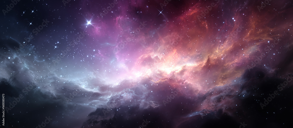 Poster a colorful frame with a star in the center and other stars surrounding it.a nebula in space, centere