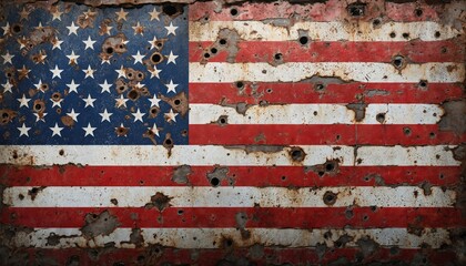 Illustration shows distressed USA flag with bullet holes on rusted metal surface. Features vintage, rugged texture in red, white, blue colors. Patriotic symbol represents freedom, heritage, history,