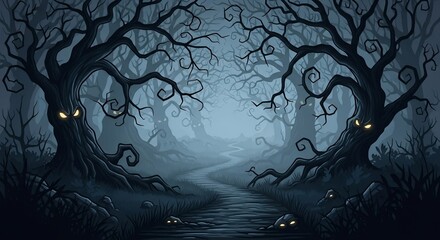 Spooky Forest Path with Glowing Eyes, Dark Trees, and Misty Background