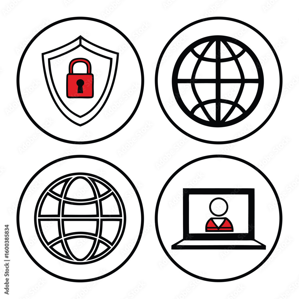 Aufkleber four circular icons representing cybersecurity global network and online communication with a person
