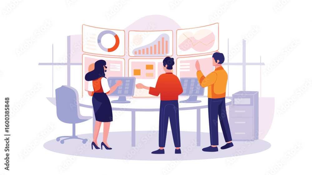 Poster team analyzing data charts on multiple screens in a modern office environment illustration concept