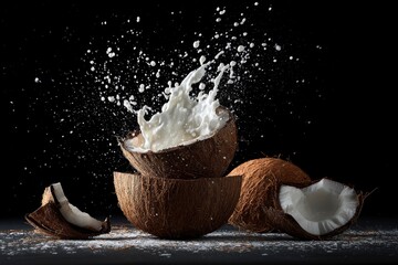 Coconuts some broken with milk splashing out of the one on top against a black background