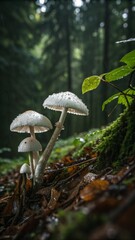 Close-Up of White Mushrooms Covered in Dew in a Rainy Forest Scene