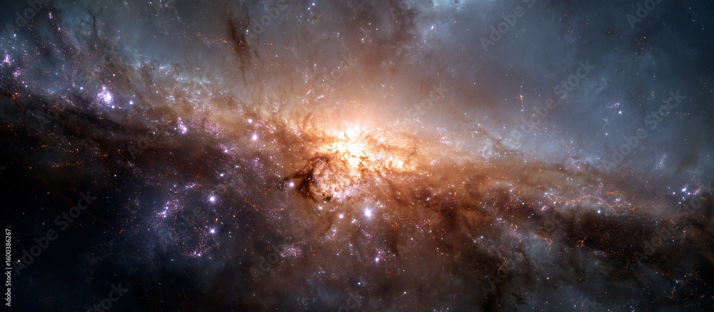 Poster a colorful frame with a star in the center and other stars surrounding it.a nebula in space, centere