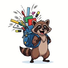 Happy Cartoon Raccoon With Backpack Full Of School Supplies In A Fun Back-To-School Scene