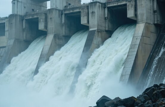 Massive concrete hydroelectric dam spillway gates releasing powerful water flow. Water cascades forcefully generating renewable energy. Shows impressive engineering structure, industrial power