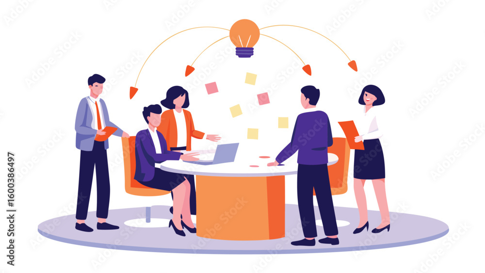 Aufkleber team members collaborating around a table with a lightbulb idea above them in the workplace