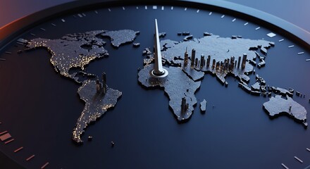 Global Time: World Map Clock with Cityscape Silhouettes and Luminous Details