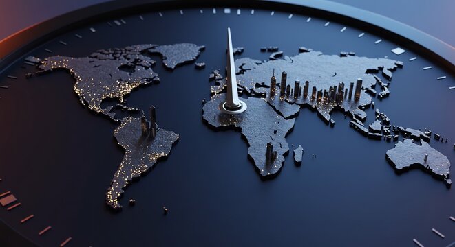 Global Time: World Map Clock with Cityscape Silhouettes and Luminous Details - Powered by Adobe