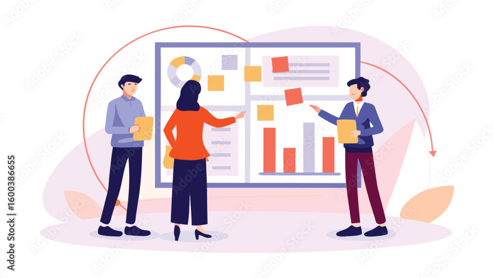 Poster three people discussing data on a whiteboard with charts and sticky notes in a business setting