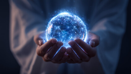 A person holding a glowing blue holographic crystal ball in their hands, representing the power of AI technology and futuristic creativity.