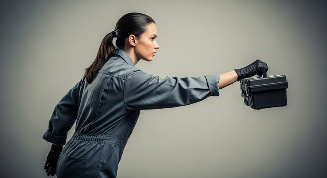 A professional female montir in a grey uniform, dynamically holding a toolbox, prepared for skilled automotive repair service.