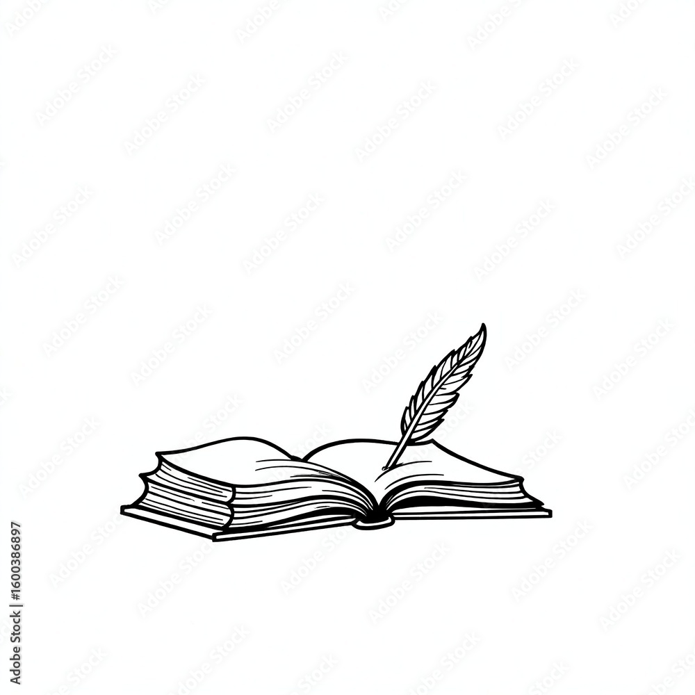 Fototapete vector drawn feather pen with open book with copy space white background, minimalist line art of boo
