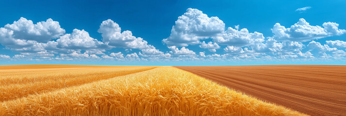 A vast agricultural landscape, split horizontally by a subtle dirt path, bursts with vibrant golden wheat fields and a recently harvested field, a smooth expanse of pale straw-colored stubble
