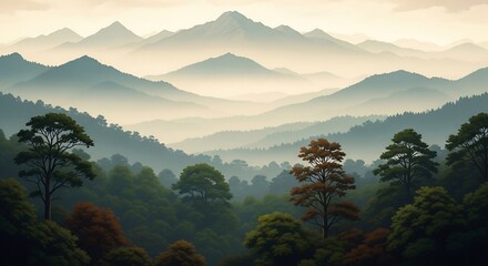 Misty Mountain Range Overlooking Lush Forest Landscape