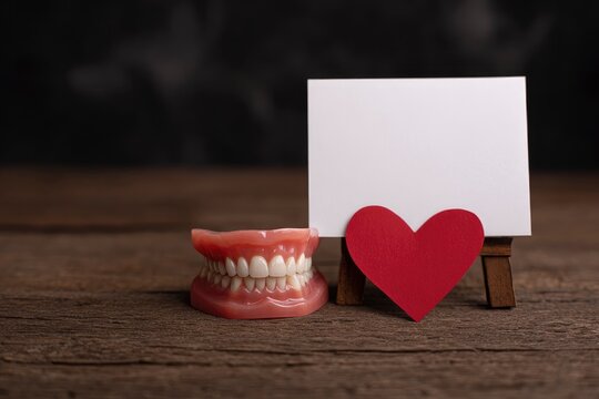 Dentures sit next to a small easel holding a blank card and a red heart