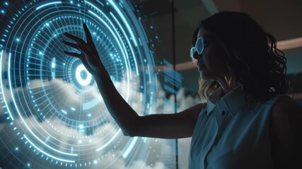 Tech Visionary: A woman interacts with a holographic interface, showcasing the intersection of technology and human potential, highlighting innovation and forward thinking. - Powered by Adobe