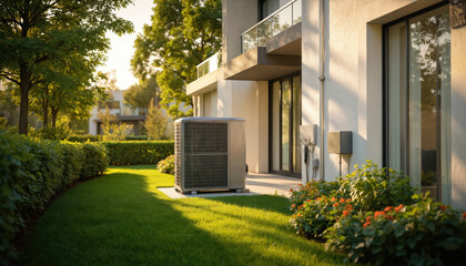 Modern residential community exterior with visible air conditioning units. Scene urban utility infrastructure, technology for comfortable living. Features include manicured lawns, clean facades,