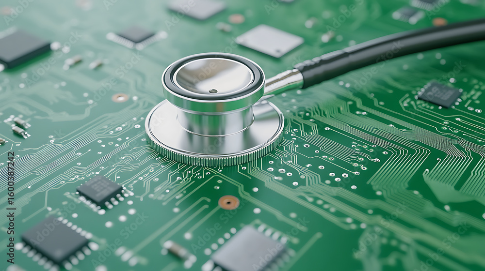 Poster circuit board diagnostics with a stethoscope representing system analysis and troubleshooting in tec