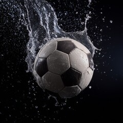 Fototapeta premium Water Splash Soccer Action: A soccer ball frozen mid-air, engulfed in a dynamic splash of water, showcasing the raw power and excitement of the game. 