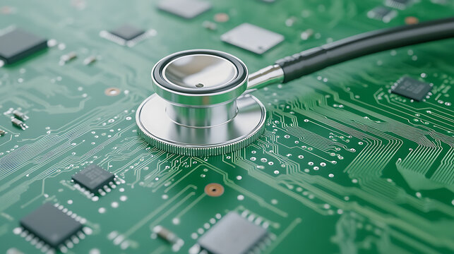 Circuit board diagnostics with a stethoscope representing system analysis and troubleshooting in technology. Digital health and technology repair.