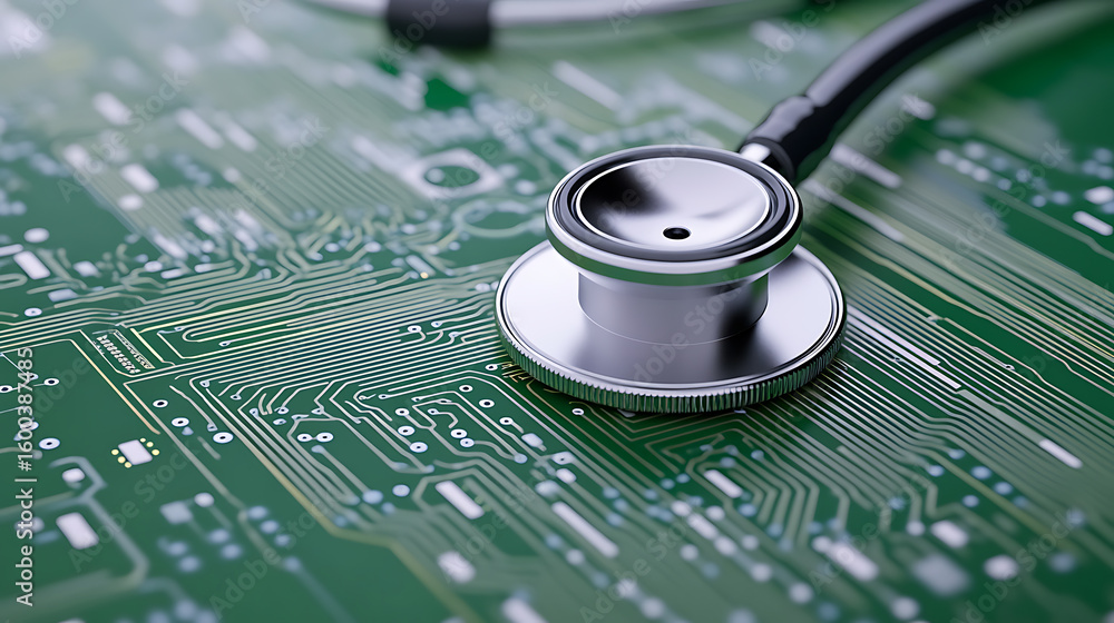 Poster digital health concept. stethoscope resting on a green computer circuit board. symbolizing technolog