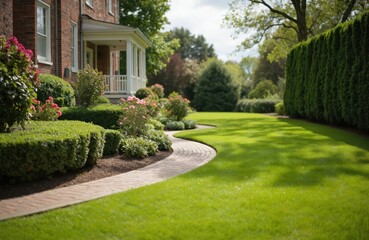 Obraz premium Manicured green lawn with vibrant colorful flowers and trimmed shrubs in front of charming house. Brick pathway winds through garden on sunny day, highlighting natural beauty and peaceful serenity.