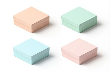 Set of four square boxes in pastel colors peach, mint green, baby blue, pink. Minimalist geometric shapes with clean lines perfect for product presentation, branding, packaging design mockups.