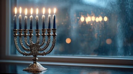 Hanukkah menorah with lit candles by a window