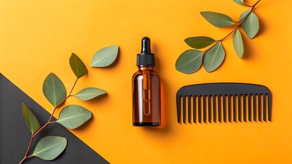 Natural hair oil bottle with comb and green leaves on orange background for hair care

