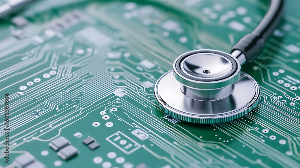Poster it system check: stethoscope resting on a vibrant green circuit board, symbolizing technology diagno