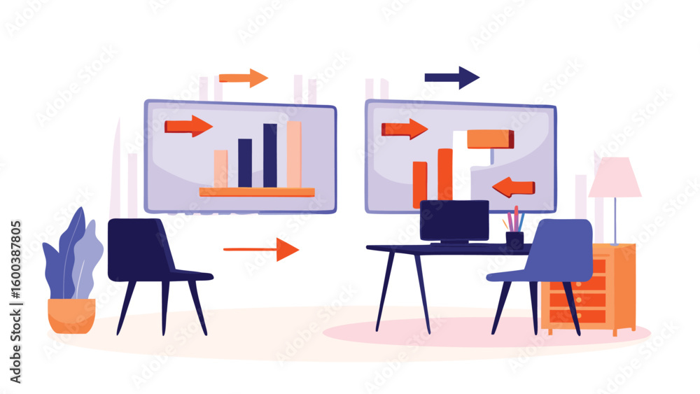 Poster illustration showing two office spaces with charts and arrows indicating data flow and collaboration