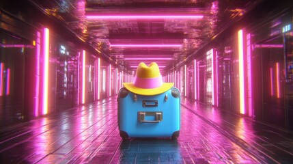 Suitcase in neon corridor, futuristic travel concept